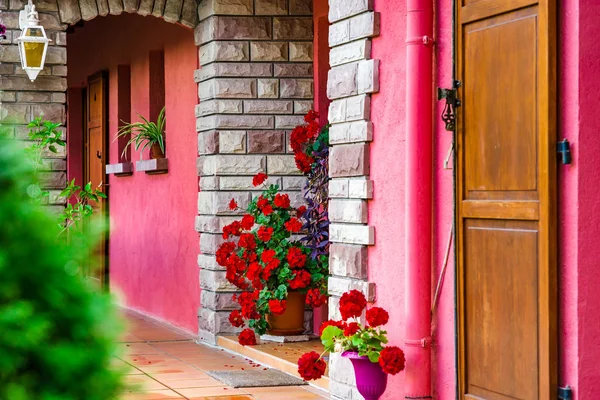花で飾られた村の家入口 — ストック写真
