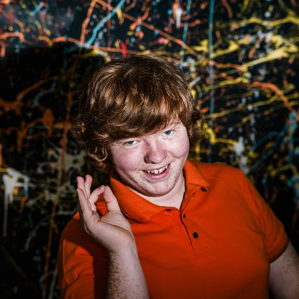 Funny red-haired boy showing ok sign — Stock Photo, Image