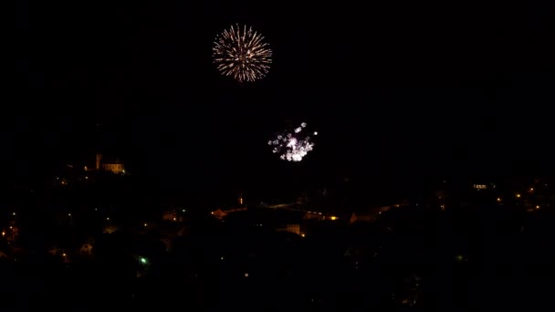 Lange Belichtung von buntem Feuerwerk vor schwarzem Himmel - Bastille-Tag — Stockvideo