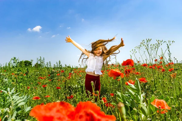 Cute little girl playing in red poppies field summer day, beauty — Stock Photo, Image