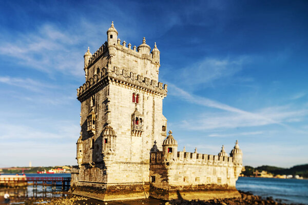 Beautiful ancient Belem tower at sunset, Lisbon