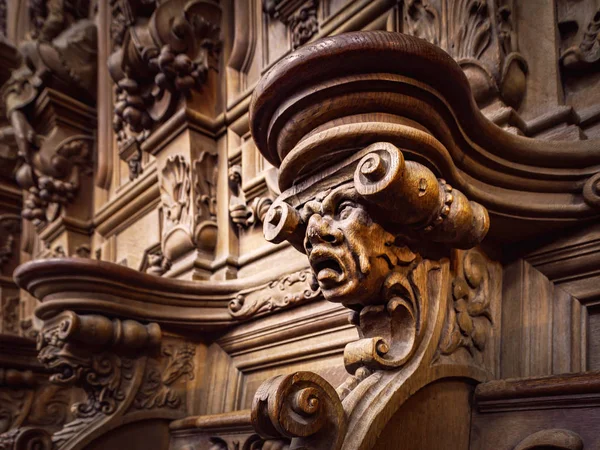 Genial drewniane grawerowane sylwetki i twarze w starym opactwie Floref — Zdjęcie stockowe