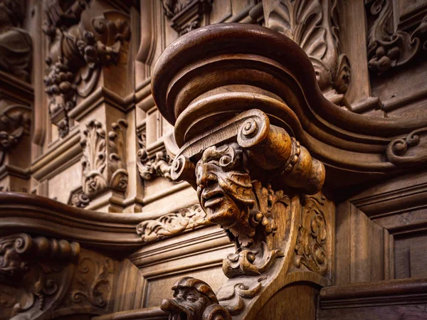 Genial trä ingraverat silhuetter och ansikten i gamla Abbey Floref — Stockfoto