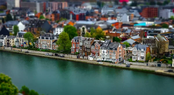 Tilt-shift panoramic aerial view of Namur, spring day — Stock Photo, Image