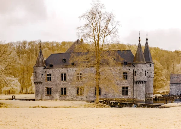 Středověký hrad belgické v infračervené zobrazení, městě Spontin — Stock fotografie