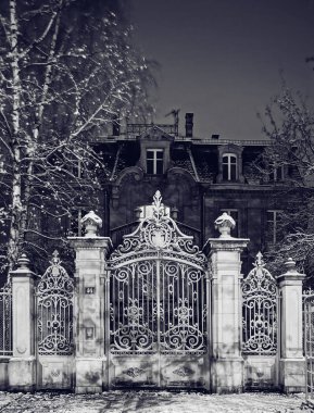 Majestic wrought iron lattice gates, night view, winter clipart