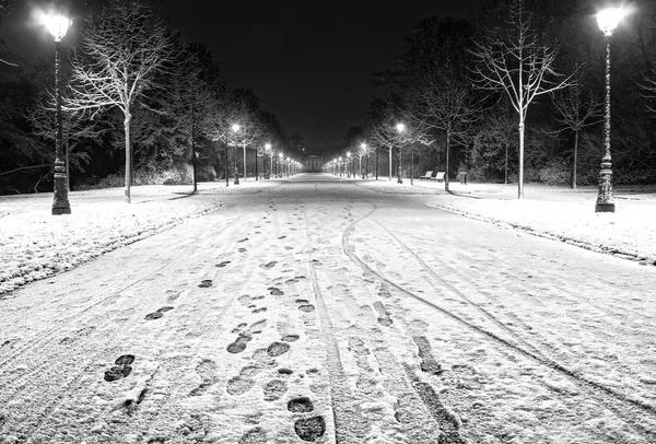 Overnachting in het park na sneeuwval. Witte road, bankjes, straat la — Stockfoto