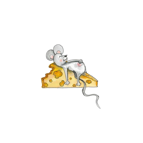 Ratón con gran pedazo de queso, ilustración clipart —  Fotos de Stock