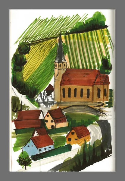 Ilustracja widok wiejski wieś, Kościół i winnice — Zdjęcie stockowe