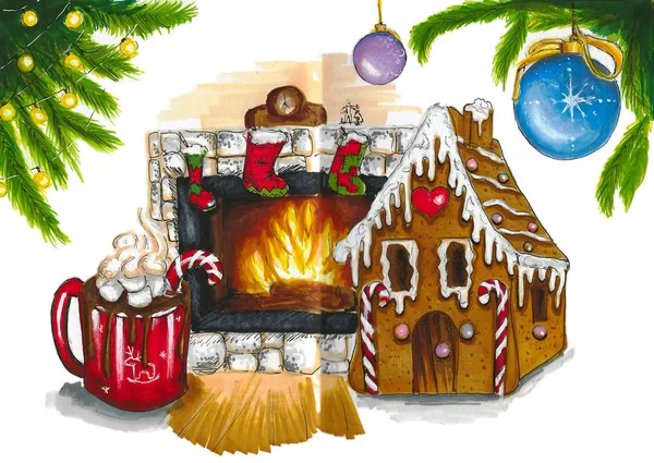 Noel illistration gingerbread, şömine ve hediyeler ile — Stok fotoğraf