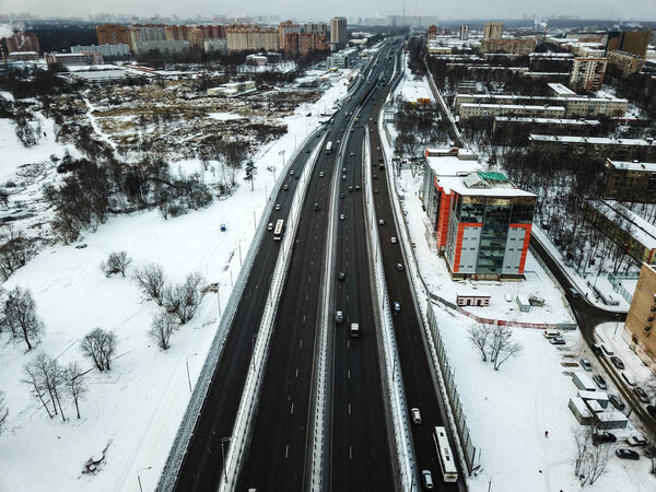 Aerial view of winter snowy road in Moscow, Russia