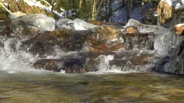 山上的瀑布缓慢的运动观 自然的清晰和清新 冬日阳光明媚的一天 雪和美丽的冰 — 图库视频影像