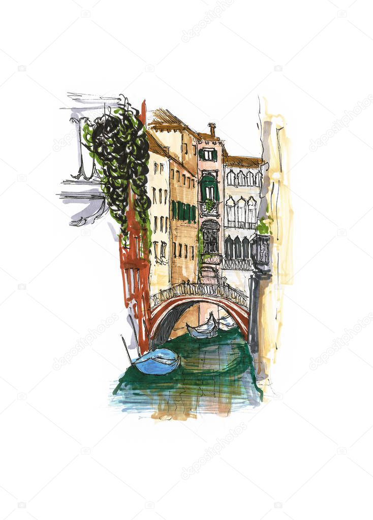 Elements of Venice, Italy. Painted sketch, art work.
