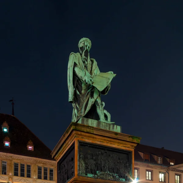 Monument to the first printer Gutenburg in Strasbourg. Night vie