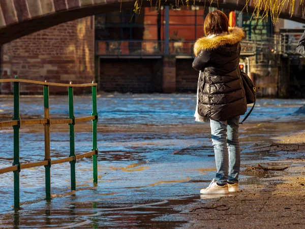 A small flood in Strasbourg. Water rose in the Ile River after r — Stok fotoğraf