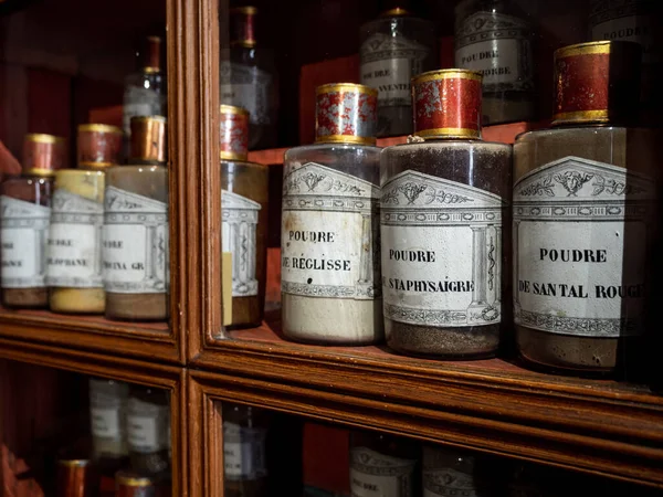 Vintage Vials Ointments Infusions Powders Homeopathy Medieval Pharmacy France — Stock Photo, Image
