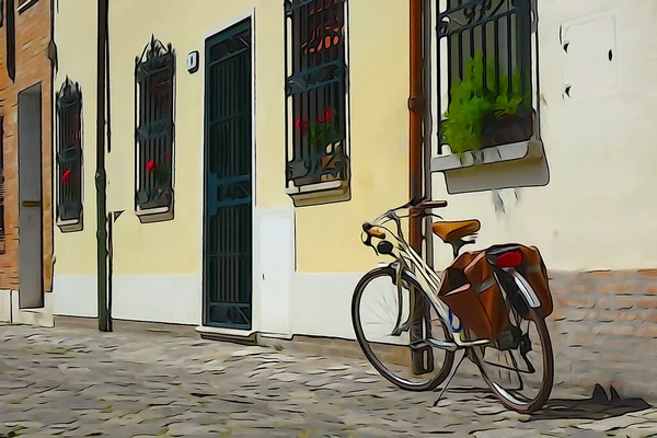 Cykla Gatorna Liten Stad Italien Bearbetning Teckningsstil Lugnt — Stockfoto