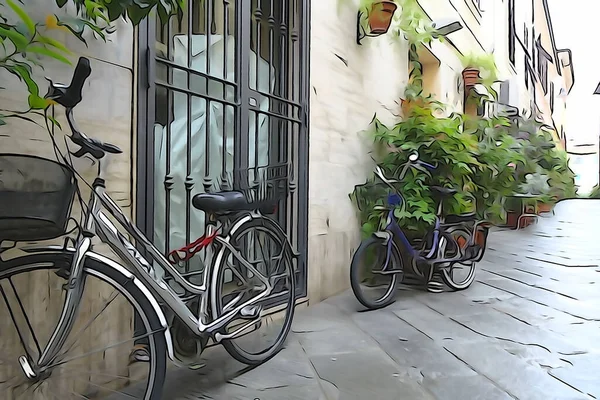 イタリアの小さな町の通りに自転車 描画のスタイルで処理します トランキル — ストック写真