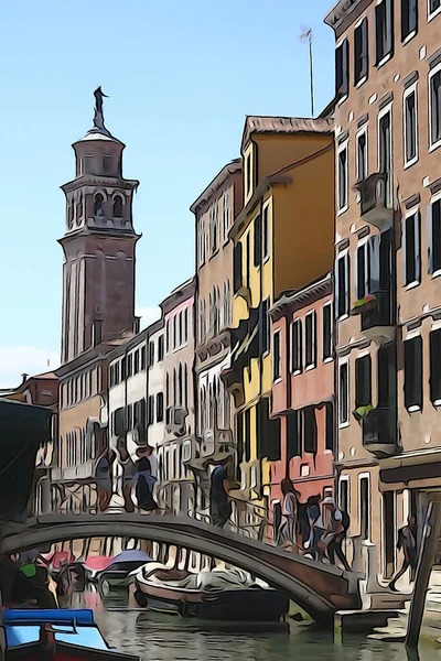 Kanalerna Venedig Gondolas Rullande Turister Reflektioner Färgglada Byggnader Vattnet Bearbetning — Stockfoto