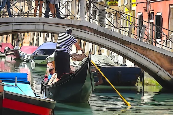 Venedik Kanalları Gondol Yuvarlanan Turistler Sudaki Renkli Binaların Yansımaları Çizim — Stok fotoğraf