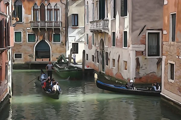 Kanalerna Venedig Gondolas Rullande Turister Reflektioner Färgglada Byggnader Vattnet Bearbetning — Stockfoto