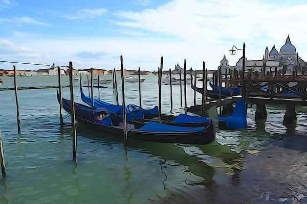 Venedik Kanalları Gondol Yuvarlanan Turistler Sudaki Renkli Binaların Yansımaları Çizim — Stok fotoğraf