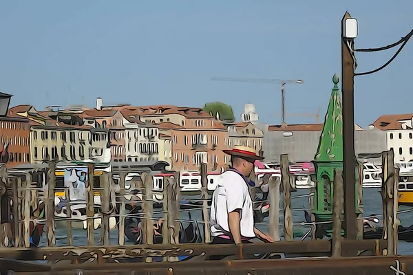 Venedik Kanalları Gondol Yuvarlanan Turistler Sudaki Renkli Binaların Yansımaları Çizim — Stok fotoğraf