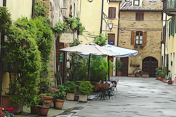 Столы Уличных Кафе Венеции Готовы Посетителей Обработка Стиле Рисования Италия — стоковое фото