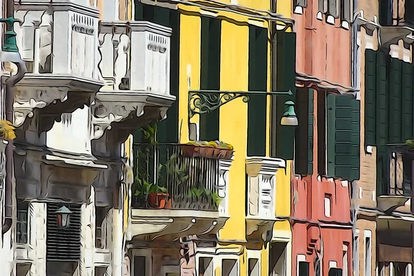 Venedik Sokakları Çok Renkli Çok Güzel Evler Pencereler Ahşap Panjurlarla — Stok fotoğraf