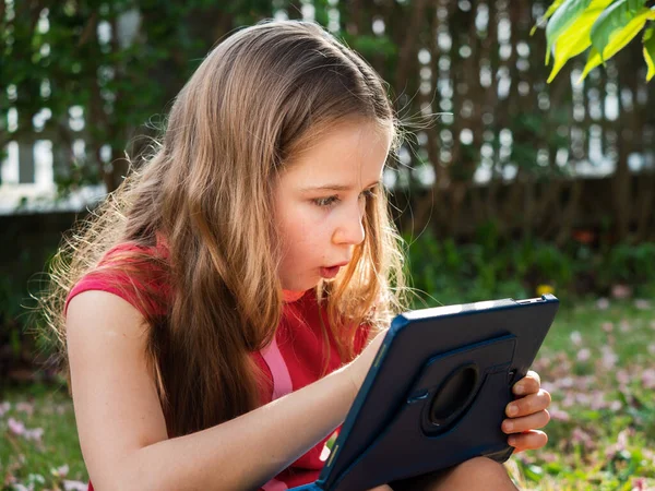 Distance Learning Quarantine Period Virus Covid Cute Little Schoolgirl Long — Stock Photo, Image