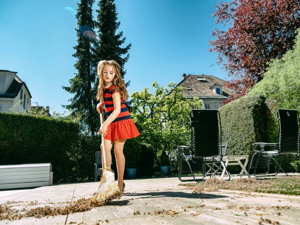 Schoolgirl Poses Broom Her Mothers Shoes Yard Sweeping Garden Sunny — Stock Photo, Image
