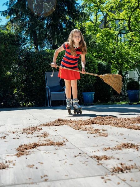 Schoolgirl Poses Broom Yard While Rollerblading Housekeeper Sweeping Garden Automation — Stock Photo, Image