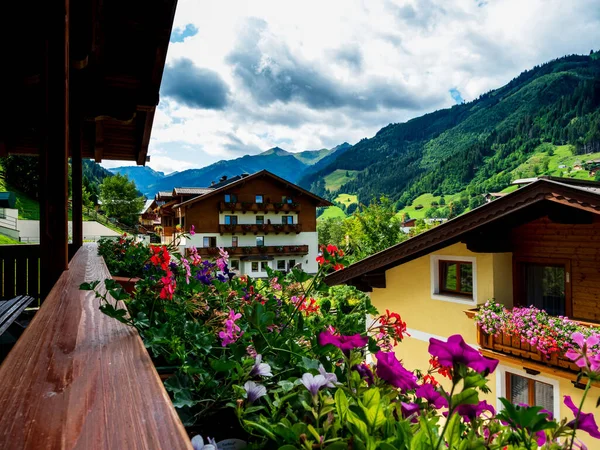 Balconies Terraces Decorated Colorful Potted Flowers Alpine Resort Austria Grossarl — Stock Photo, Image