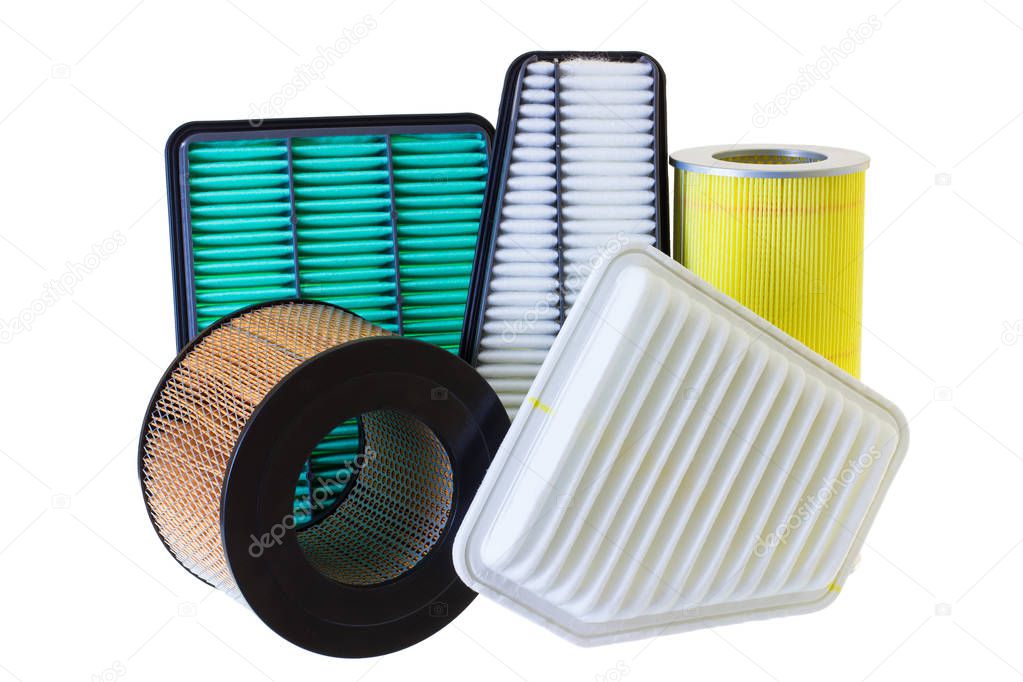 composition of  filters for car engine on a white background