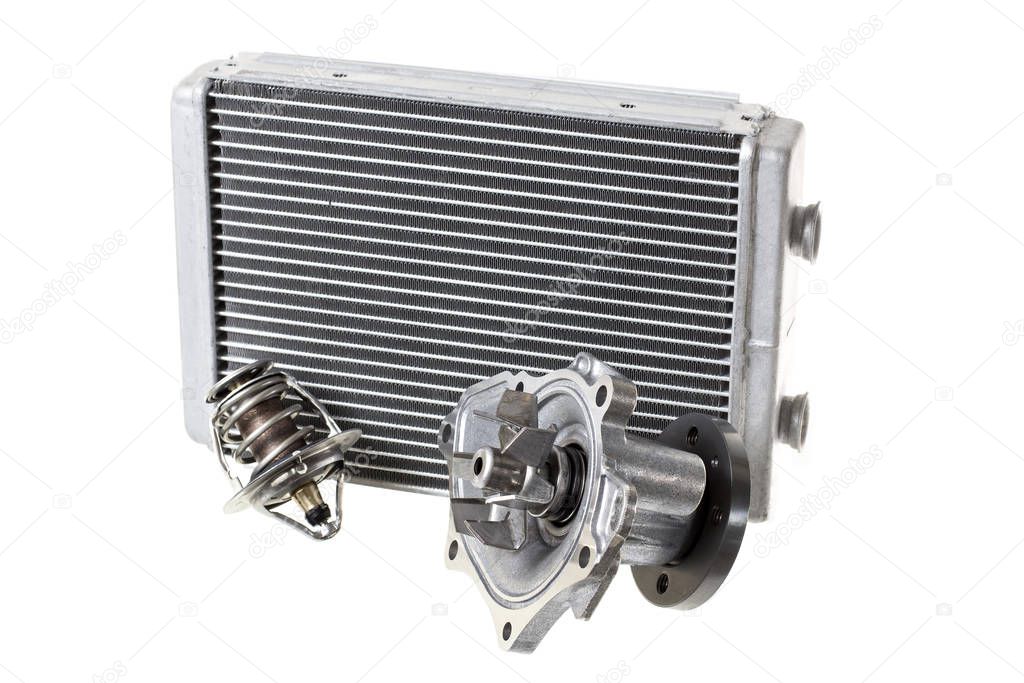 Engine cooling radiators. Water pump and thermostat, two element