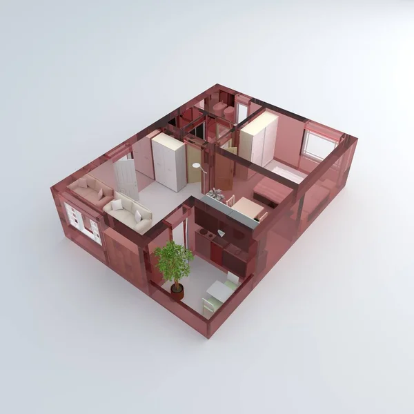 3D renderowania wewnętrzne szklane umeblowane mieszkanie dom — Zdjęcie stockowe