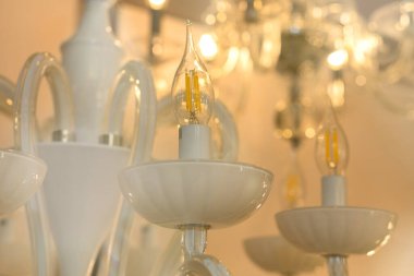 Klasik avizenin kristaline yakın, dallanmış bir süs eşyası, tavana monte edilmek üzere tasarlanmış. Yumuşak sıcak filtre, seçici odaklanma. Kapalı alanda. Beyaz cam..