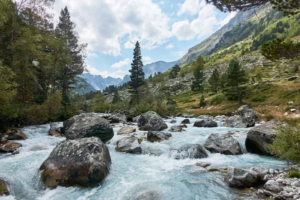 Dağ nehri su manzarası. Alpler. Açık güneşli bir günde bulutlu gökyüzü. Sıcak yaz. Yaya turizmi ve arkadaşlarla aile tatili zamanı..