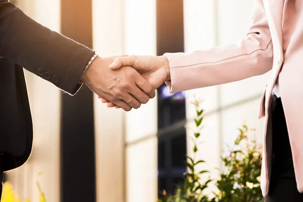 Closeup friendly meeting handshake between business woman and  b — Stock Photo, Image