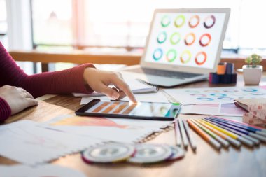 Moda Tasarımcısı için renk seçimi olarak çalışan genç kadınlar çizmek