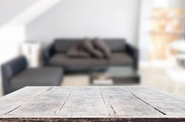 Ahşap masa ve oda iç dekorasyon arka plan boş, eşya