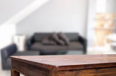 Ahşap masa ve oda iç dekorasyon arka plan boş, eşya