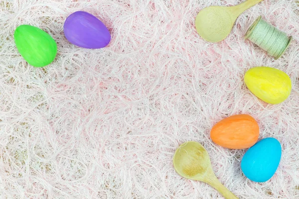 Flat lay of Easter eggs, view from above with copy space for tex — Stock Photo, Image