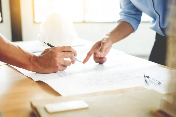 Close-up Of Person's engineer Hand Drawing Plan On Blue Print wi — Stock Photo, Image