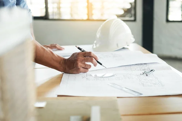 Person's engineer Hand Drawing Plan On Blue Print with architect — Stock Photo, Image