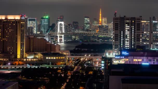 Odaiba Japonsko Listopadu 2019 Night Time Lapse Video Rainbow Bridge — Stock video