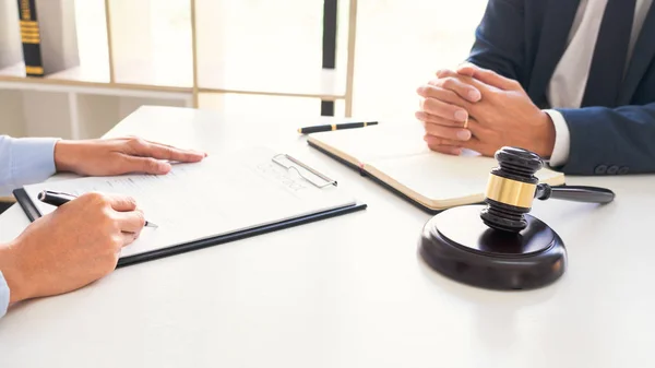 Male lawyer or judge consult with client check contract papers recommend legal proposals, Law services concept. — Stock Photo, Image