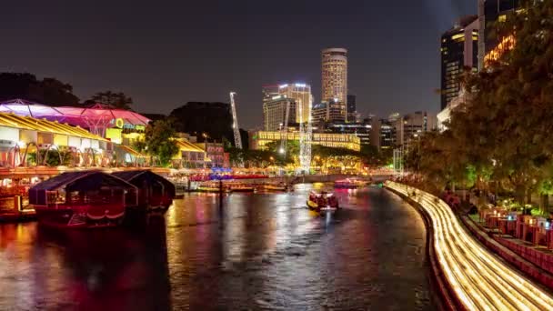 Clarke Quay Singapore August 2019 Night Time Lapse Video Ferry — Stock video