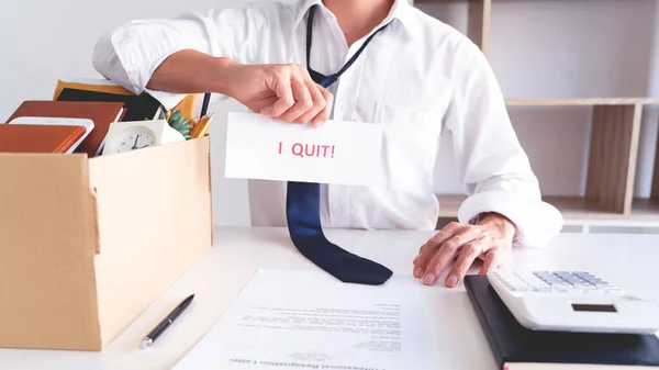 Businessman Holding Quit Words Card Letter Resign Employee Change Job — Stock Photo, Image