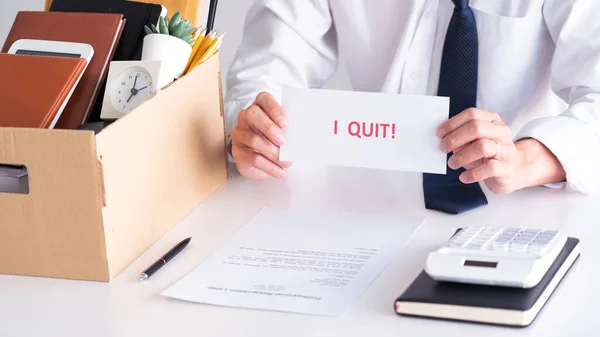 Businessman Holding Quit Words Card Letter Resign Employee Change Job — Stock Photo, Image